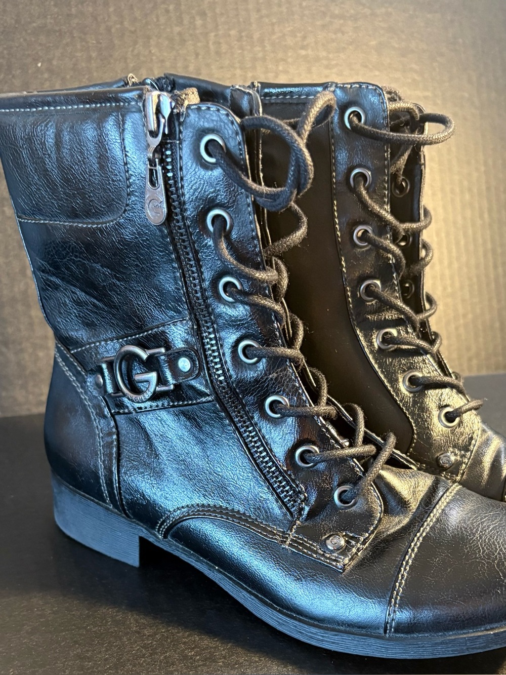 Black Combat Moto Mid Calf Faux Leather G By GUESS Boots Sz 6.5